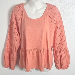 Time & Tru Orange Top with Eyelet Longsleeves, Size Large, 12-14  NWT